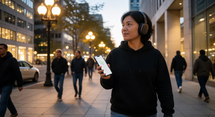 consejos para ser seguro, Persona caminando con atención en calle urbana iluminada al atardecer