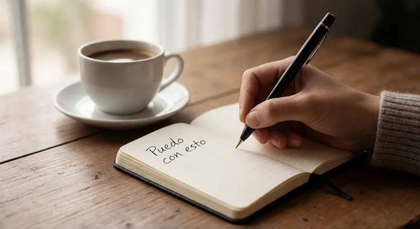 consejos para ser seguro de si mismo, Manos escribiendo en una libreta con la frase 'Puedo con esto' junto a un café