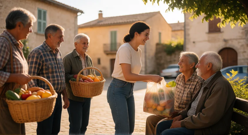 consejos para ser solidarios, Vecinos compartiendo alimentos y conversación en la plaza de un pueblo al atardecer