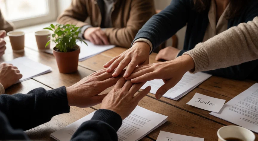 consejos para ser solidarios, Manos de personas de distintas edades unidas sobre una mesa comunitaria con una nota que dice 'Juntos'