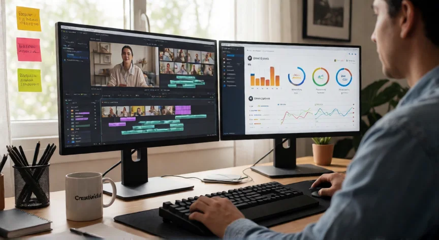 consejos para ser streamer, Edición de clips y análisis de métricas en un escritorio con doble monitor