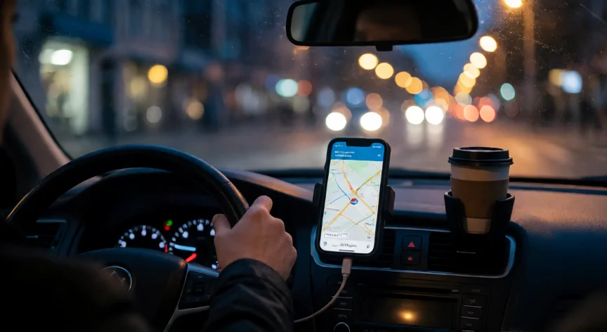 consejos para ser taxista, Manos del taxista en el volante durante un turno nocturno con luces de ciudad