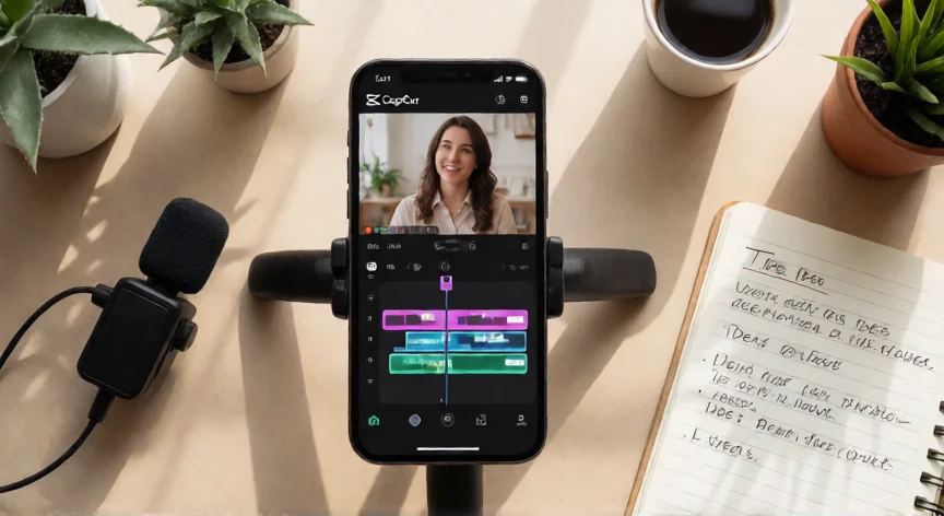 consejos para ser tiktoker, Setup de edición de vídeos TikTok con móvil, micrófono y libreta de ideas