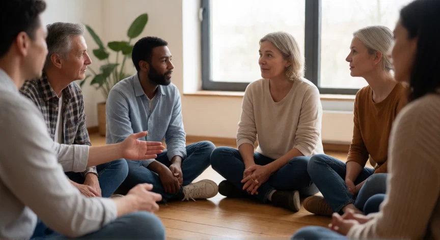 consejos para ser tolerante, Grupo diverso en círculo conversando con respeto y escucha activa en una sala luminosa