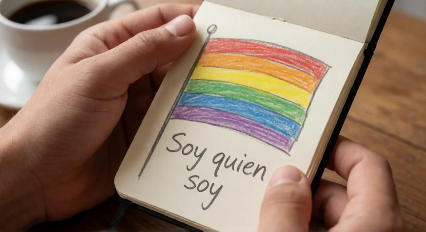 consejos para ser trans, Manos sosteniendo un cuaderno con un dibujo de bandera arcoíris y la frase 'Soy quien soy'