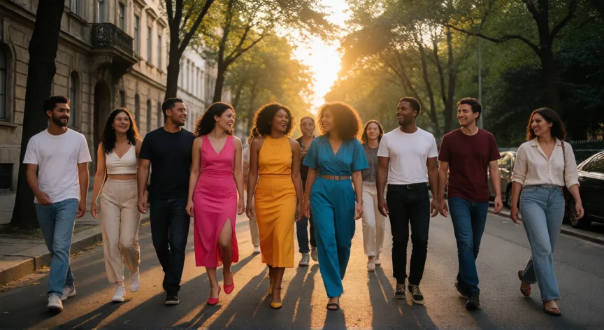 consejos para ser travesti, Grupo de amigos caminando juntos por una calle urbana al atardecer con ropa colorida