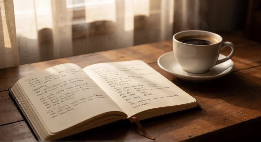 consejos para ser tu mismo, Cuaderno abierto con notas manuscritas y café en una mesa junto a la ventana