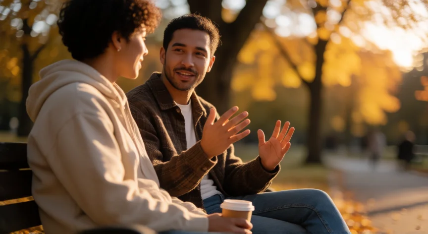 Dos amigos conversando en un banco de parque al atardecer en una conversación íntima