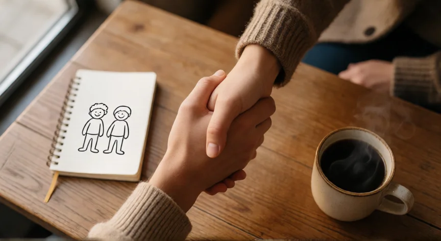 consejos para ser un buen amigo, Manos apretándose en una mesa de cafetería simbolizando la confianza entre amigos