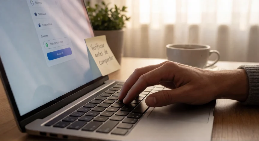 consejos para ser un buen ciudadano digital, Persona trabajando en un portátil con herramientas de seguridad digital en su escritorio