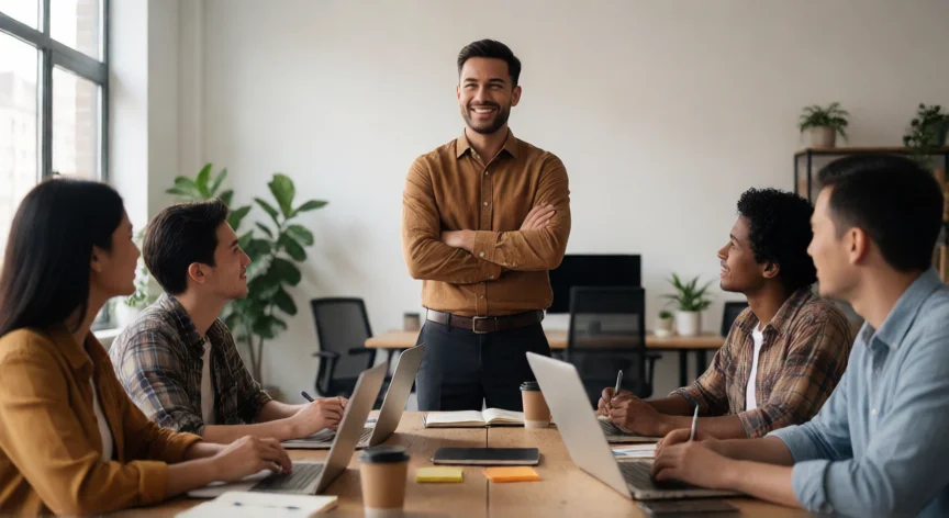 Líder de equipo guiando a su grupo en una reunión de oficina moderna