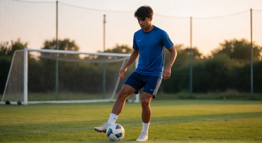 Jugador de fútbol practicando control de balón al atardecer en un campo de césped