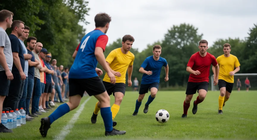 consejos para ser un buen jugador de futbol, Partido de fútbol amateur con jugadores en acción en un campo local