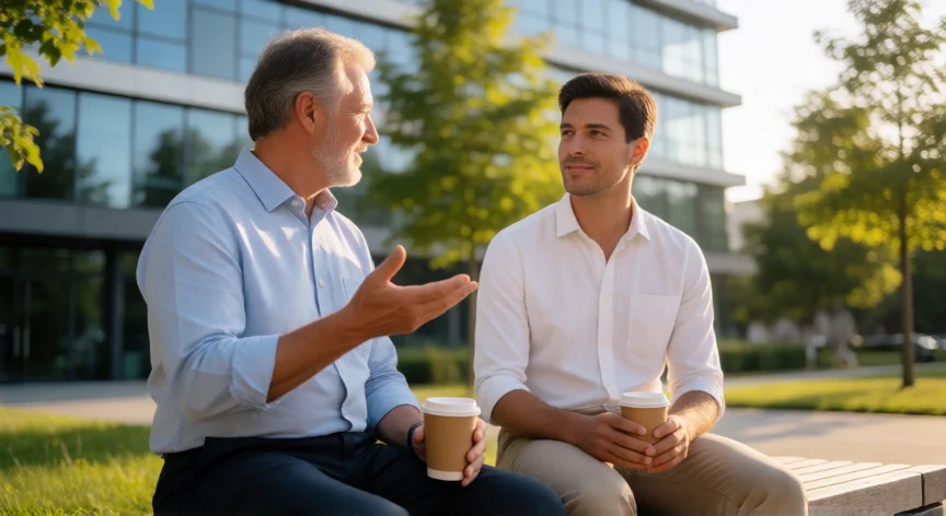 consejos para ser un buen lider, Mentoría entre dos profesionales en un entorno de oficina exterior