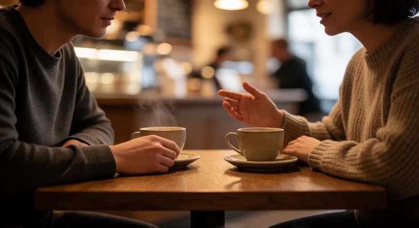 Dos personas en una conversación atenta en una cafetería con luz cálida