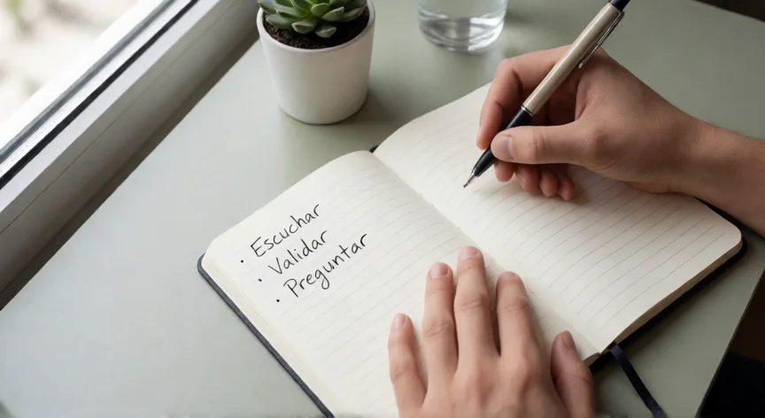 consejos para ser un buen oyente, Aprendizaje de escucha activa con notas en una libreta sobre un escritorio