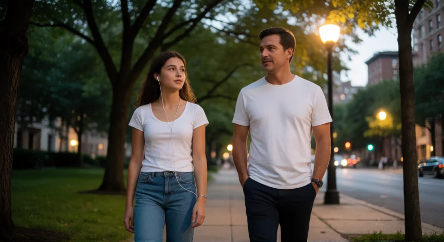 consejos para ser un buen padre, Padre e hija adolescente caminando juntos por un paseo arbolado al atardecer