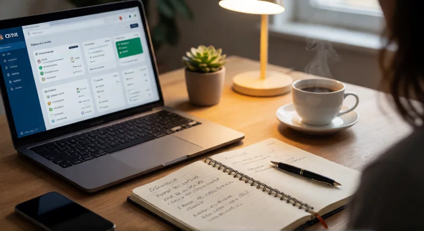 consejos para ser un buen vendedor, Mesa de trabajo de un vendedor con CRM abierto y notas de seguimiento organizadas