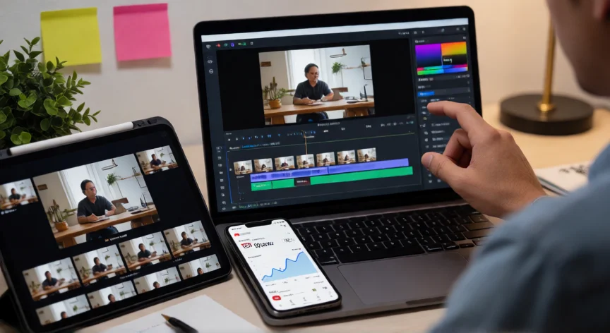 consejos para ser un buen youtuber, Edición de vídeo en laptop con miniaturas y analíticas de YouTube en pantalla