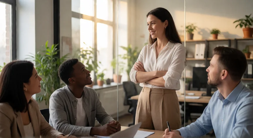 consejos para ser un gran lider, Líder de equipo en oficina moderna conversando con sus colaboradores