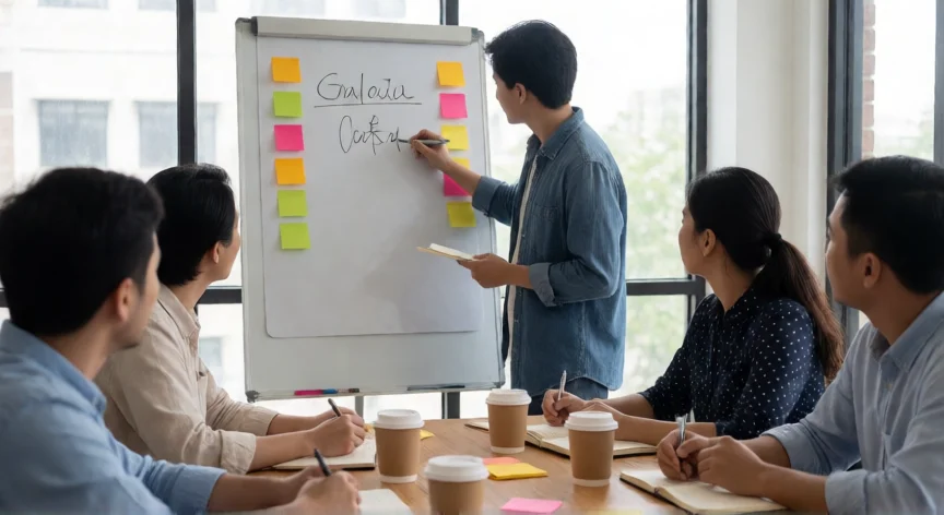 consejos para ser un gran lider, Equipo colaborando en reunión de trabajo con pizarra y post-its
