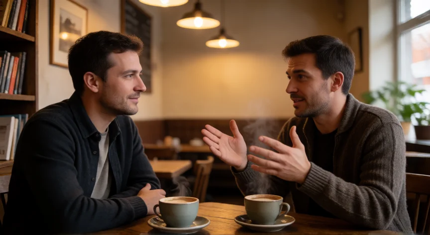 consejos para ser un hombre atractivo, Dos hombres manteniendo una conversación auténtica y escucha activa en una cafetería