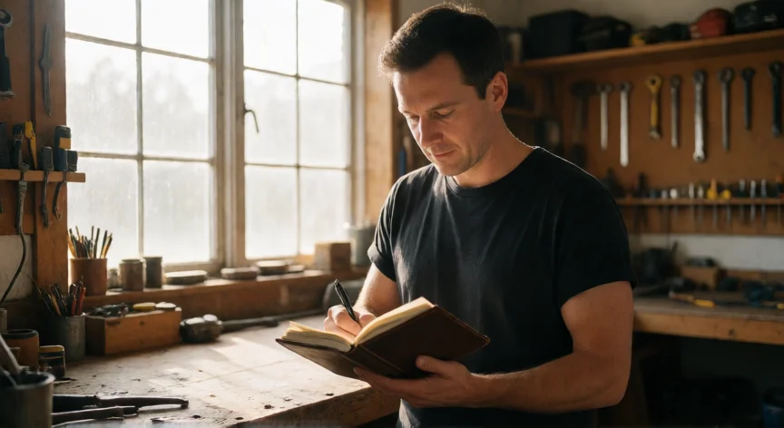 Hombre escribiendo en un diario en un taller, trabajando en su disciplina personal
