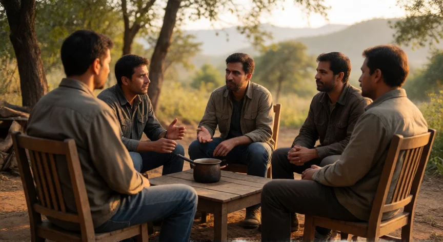 consejos para ser un hombre de alto valor, Grupo de hombres conversando con respeto y atención mutua al aire libre