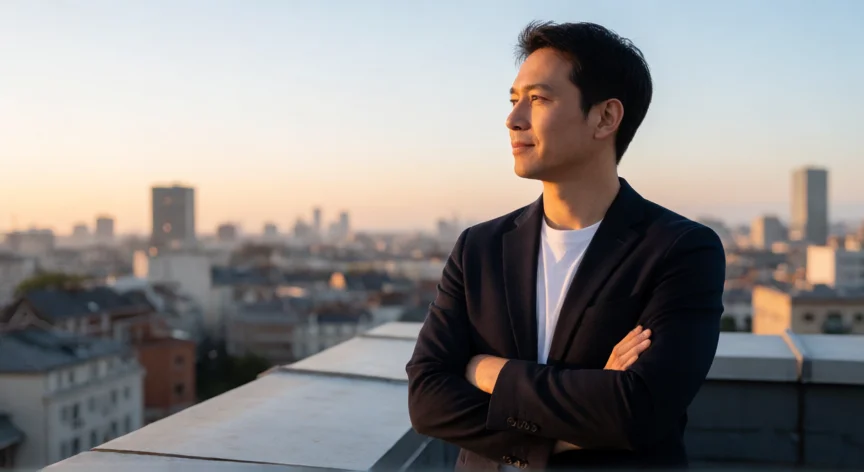 Hombre exitoso contemplando la ciudad al amanecer con determinación