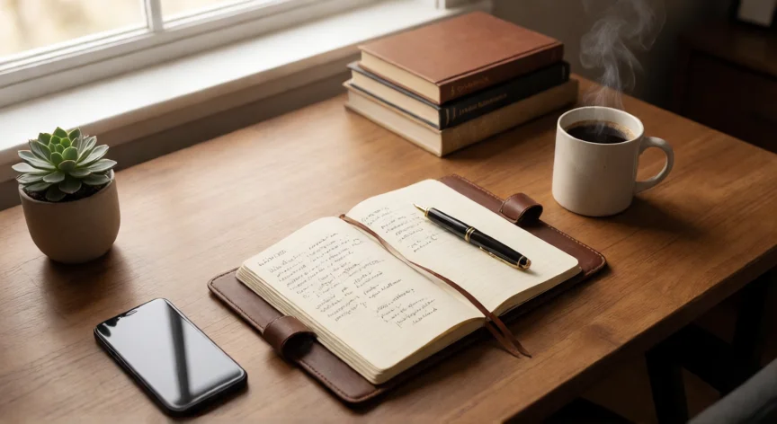 consejos para ser un hombre exitoso, Escritorio ordenado con diario de progreso y libros de desarrollo personal
