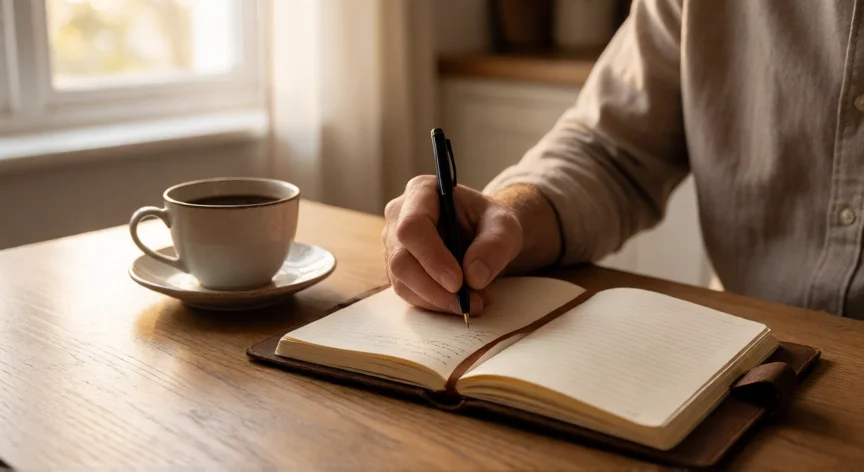 consejos para ser un hombre maduro, Hombre escribiendo en un diario personal por la mañana con café