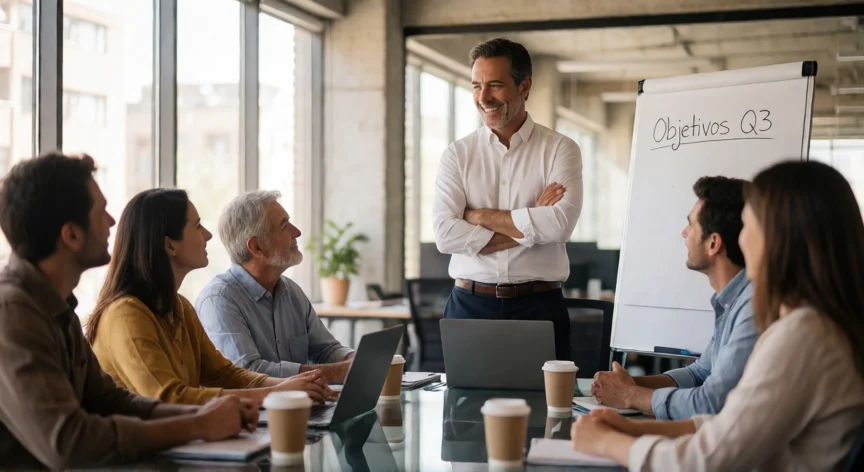 consejos para ser un jefe exitoso, Jefe liderando una reunión de equipo en oficina moderna con ambiente colaborativo