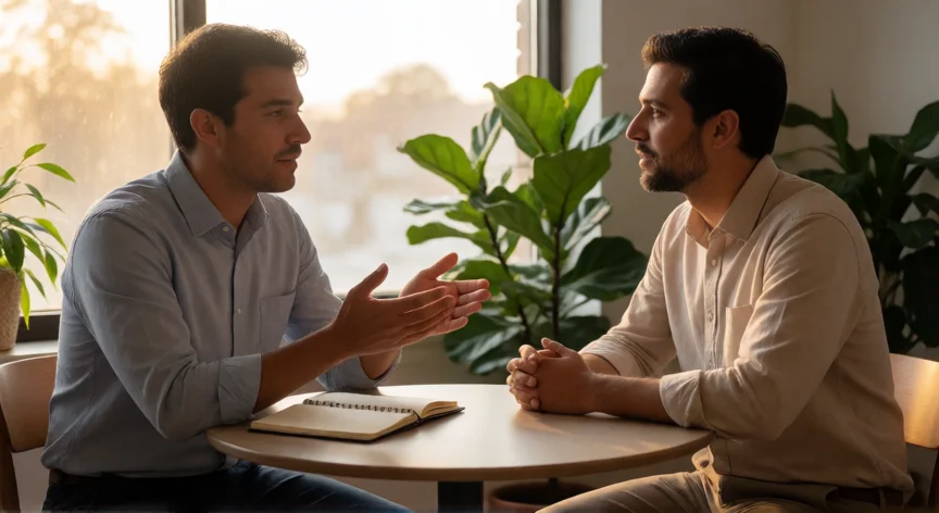 consejos para ser un jefe exitoso, Jefe en conversación individual de feedback con un empleado en ambiente cálido