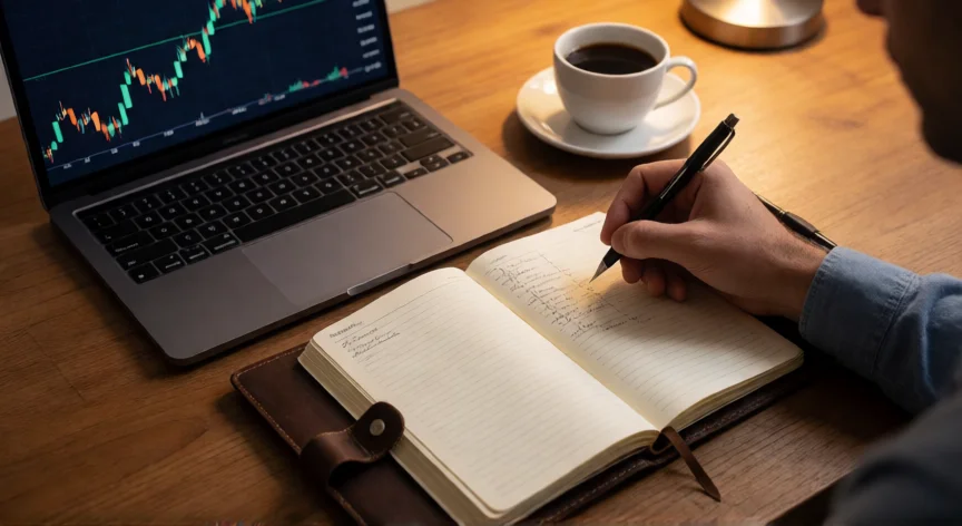 consejos para ser un trader exitoso, Manos anotando operaciones en un diario de trading junto a una laptop con gráficos bursátiles