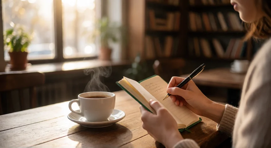 consejos para ser una mujer fuerte y segura, Mujer escribiendo en una libreta de autodesarrollo en una cafetería tranquila
