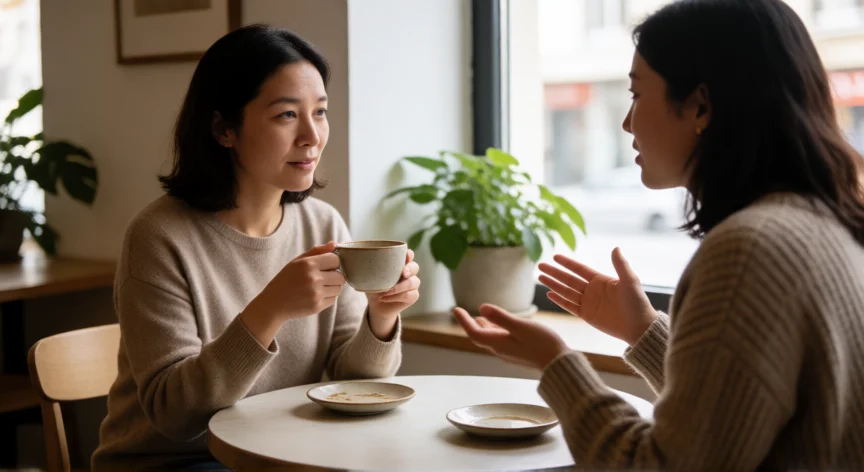 consejos para ser una mujer segura y atractiva, Mujer escuchando con atención y calma en una cafetería durante una conversación