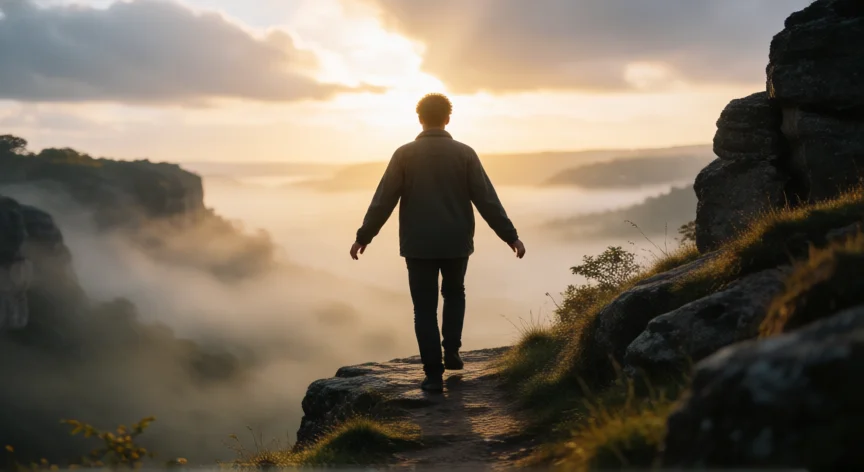 consejos para ser valiente, Persona dando un paso al borde de un acantilado al amanecer, símbolo de valentía