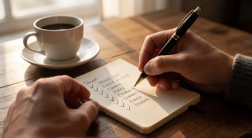 consejos para ser valiente, Manos escribiendo una lista de pasos con checks en una libreta sobre una mesa de madera