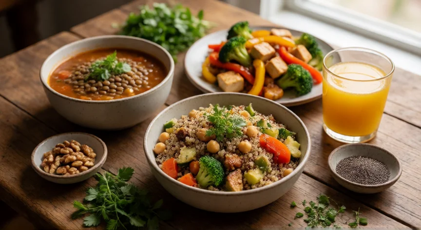 consejos para ser vegetariano, Mesa con variada comida vegetariana: lentejas, quinoa, tofu y verduras al horno