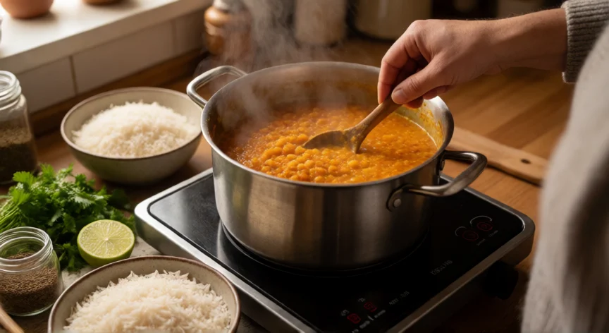 consejos para ser vegetariano, Preparación de dal de lentejas rojas en la cocina con especias y arroz