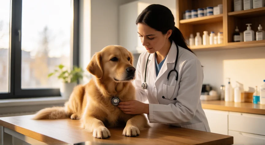 consejos para ser veterinaria, Veterinaria joven examinando a un perro golden retriever en una clínica moderna