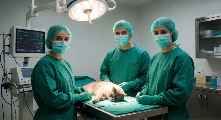 consejos para ser veterinaria, Equipo veterinario en sala de quirófano operando a un gato bajo anestesia
