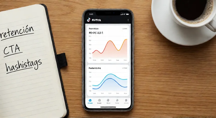 consejos para ser viral en tiktok, Vista cenital de un móvil con analítica de TikTok junto a notas de estrategia de contenido