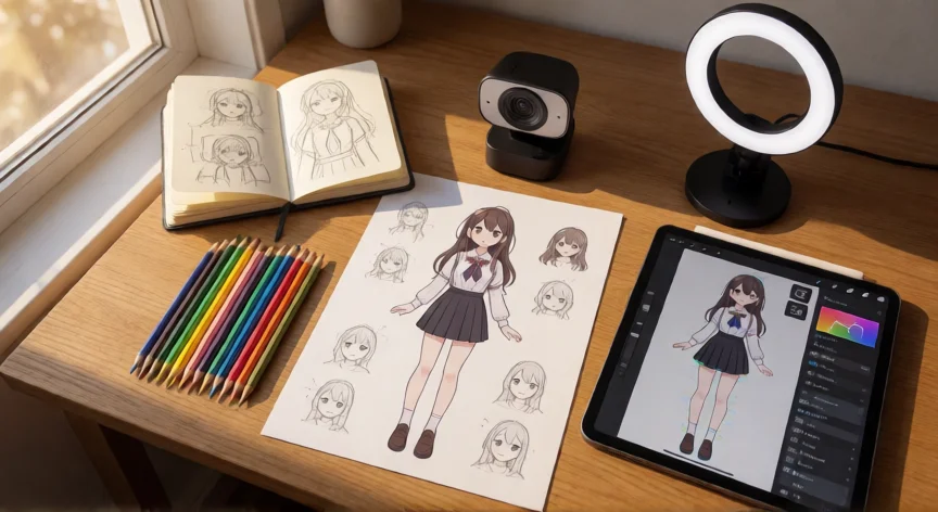 consejos para ser vtuber, Materiales de diseño de avatar VTuber sobre un escritorio de madera