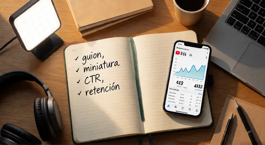 consejos para ser youtuber, Mesa de trabajo de youtuber con notebook de guion, smartphone con analytics y equipo de grabación