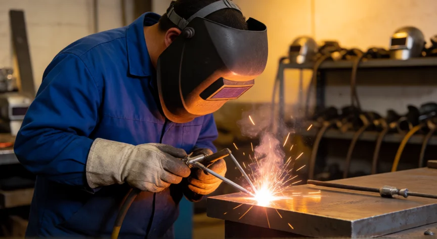 consejos para soldar con 7018, Soldador trabajando con electrodo E7018 en chapa de acero con chispas visibles