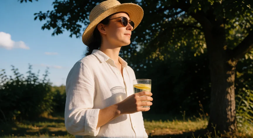 consejos para soportar el calor, Persona en la sombra con sombrero y vaso de agua con limón en un día de calor