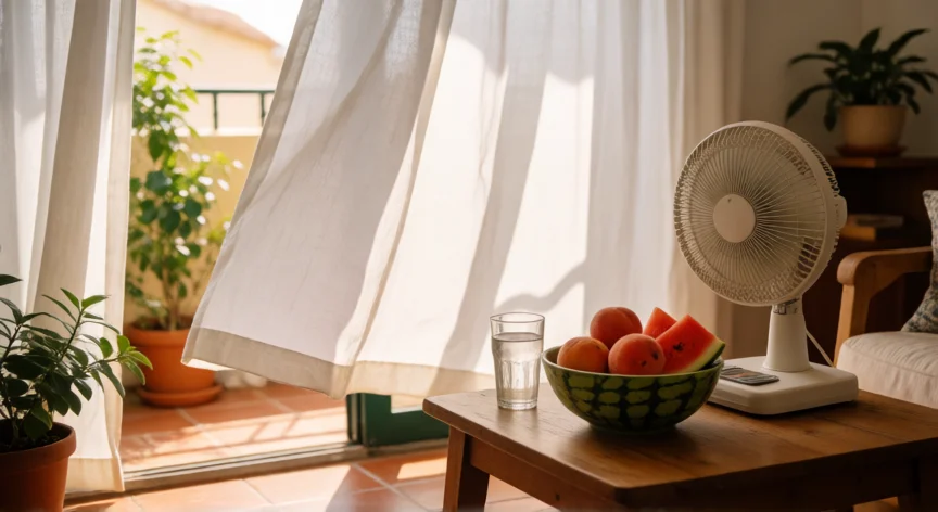 consejos para soportar el calor, Interior fresco y ventilado con fruta de verano y abanico en una mesa de madera