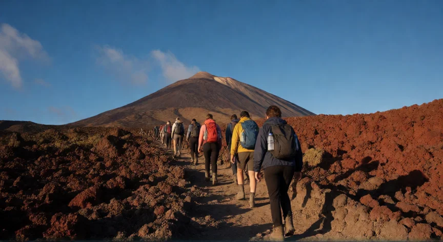 Senderistas ascendiendo por la ruta volcánica hacia la cumbre del Teide al atardecer