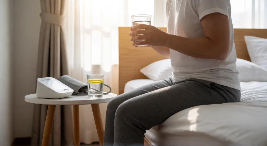 consejos para subir la tensión, Persona levantándose despacio de la cama con un vaso de agua y un tensiómetro en la mesa de noche